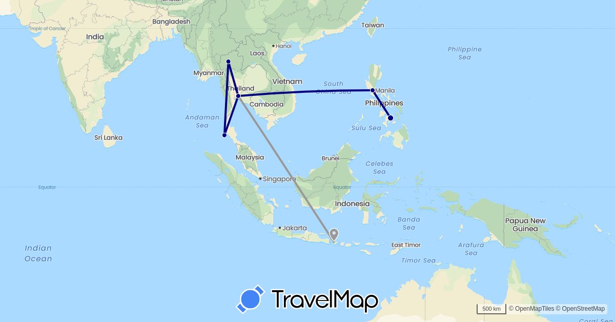 TravelMap itinerary: driving, plane in Indonesia, Philippines, Thailand (Asia)